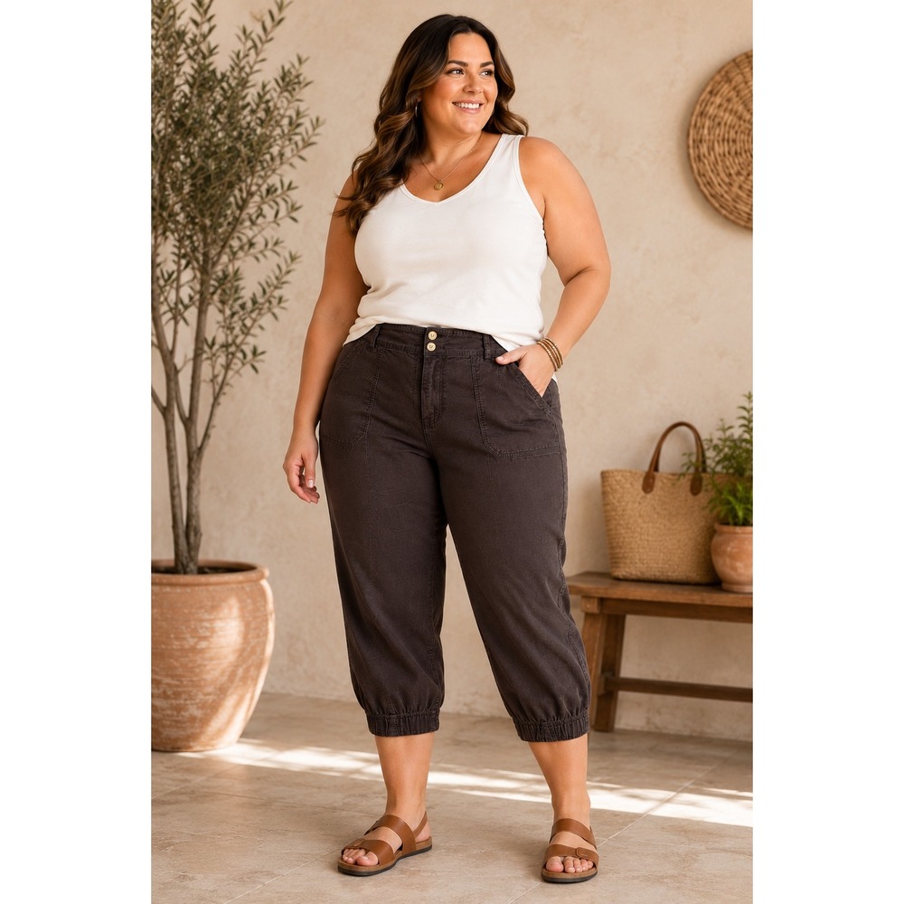 Chico's Capri Pants Womens 3 Brown Excellent Cotton Stretch Elastic Cuff Relaxed